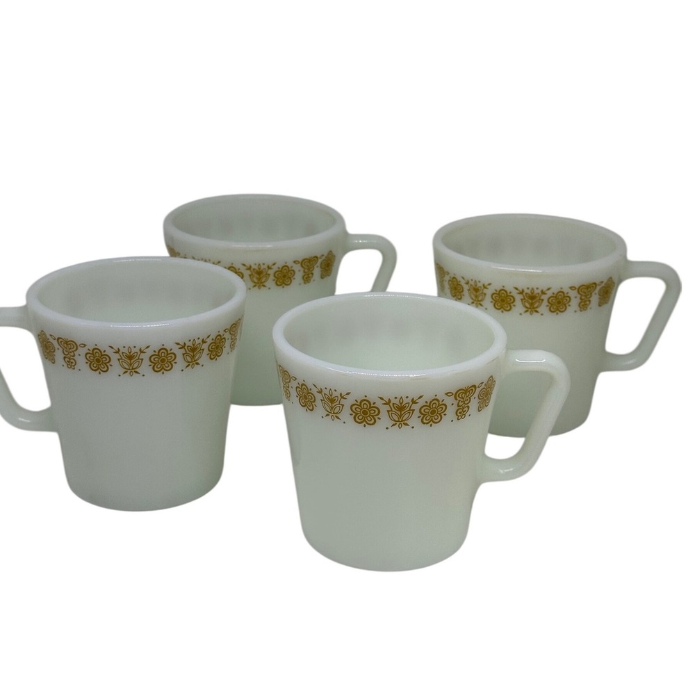 VTG Pyrex Coffee Mugs White Butterfly Gold Milk Glass Set of 4 1410 USA 3.5in
